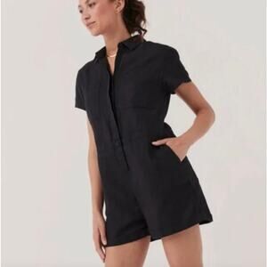 PACT The Harbour Organic Cotton-Hemp Short Sleeve Button-Front Romper - Medium
